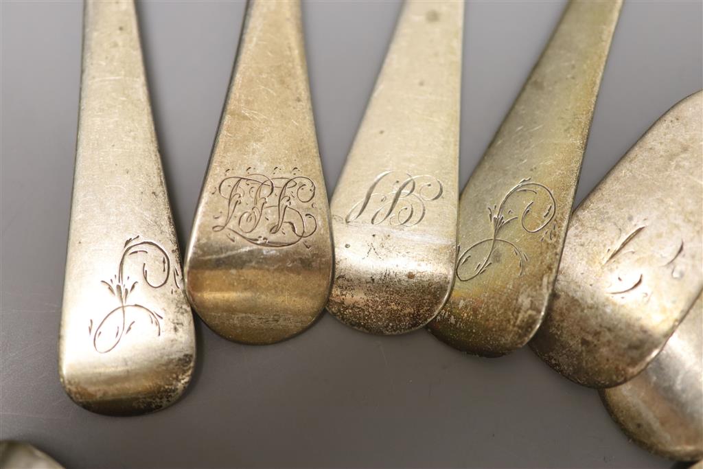 Thirteen assorted George III and later silver fiddle or Old English pattern tablespoons